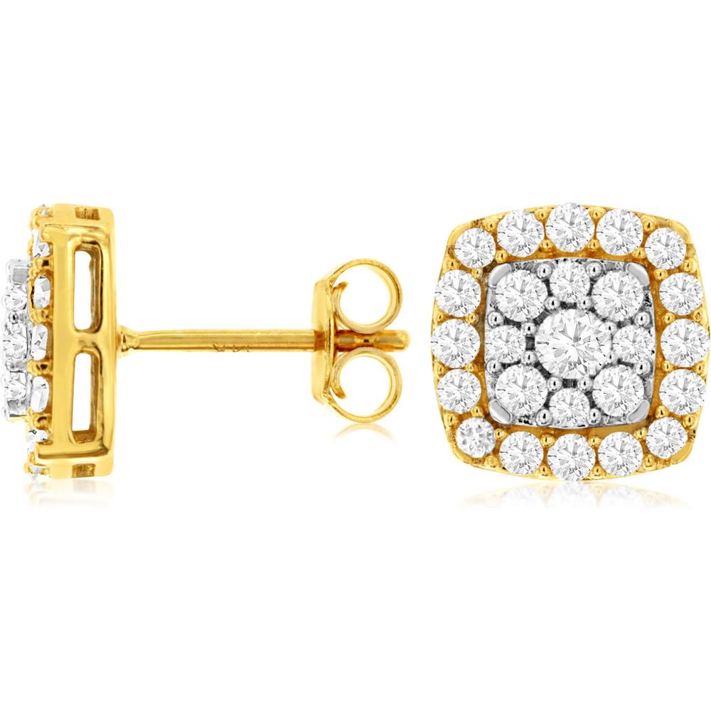 Royal 14K Yellow Gold Square Diamond Halo Stud Earrings with 1.00 Carat Total Diamond Weight