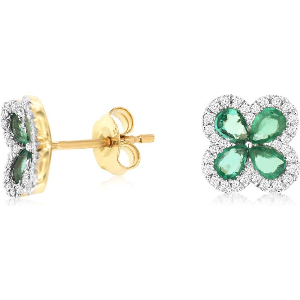 Royal 14K Yellow Gold Stud Earrings with Clover Shaped Emeralds and Diamond Halo - 1.20 Carat Total Emerald Weight and 0.21 Carat Total Diamond Weight
