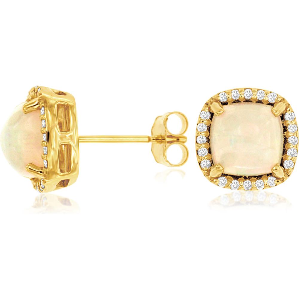 Royal 14K Yellow Gold Stud Earrings with Cushion Cut Opal and Diamond Halo - 1.80 Carat Total Opal Weight, 0.16 Carat Total Diamond Weight