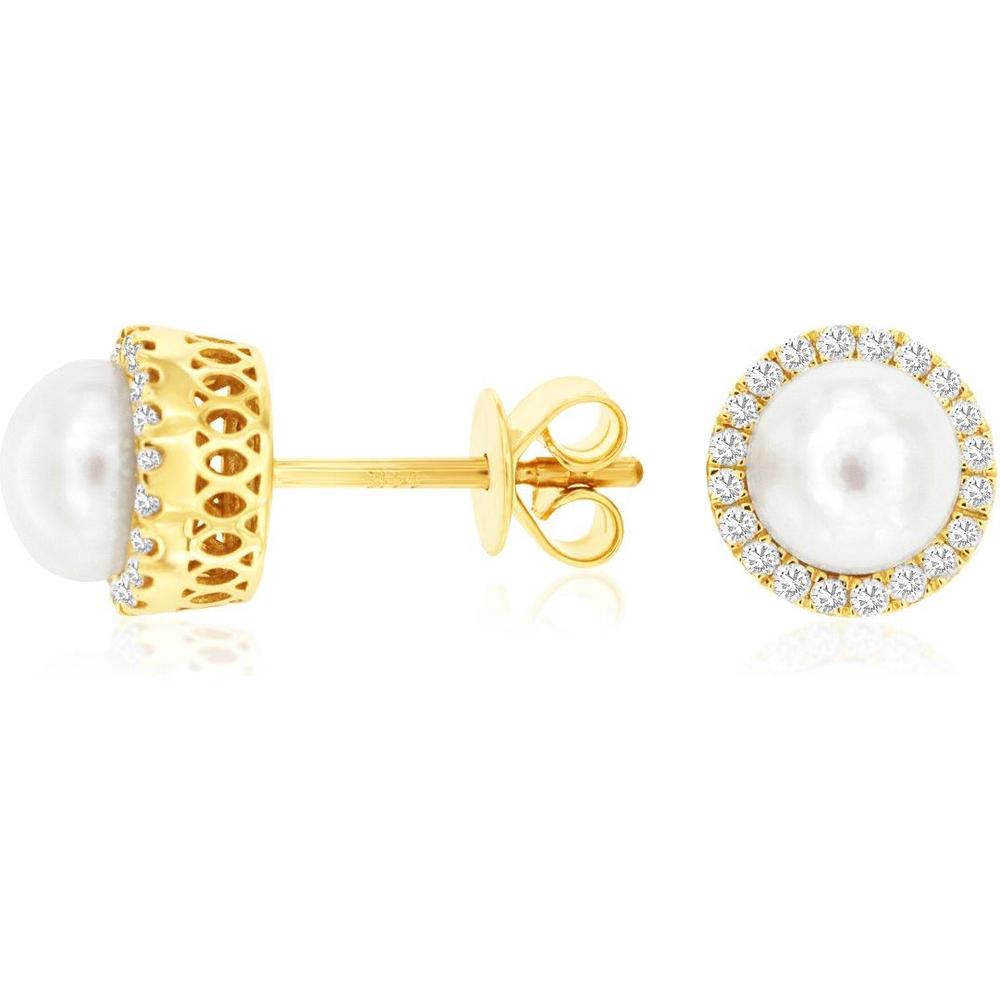Royal 14K Yellow Gold Stud Earrings with Halo of Round Diamonds and Luminous Pearls - 0.25 Carat Diamond Total Weight