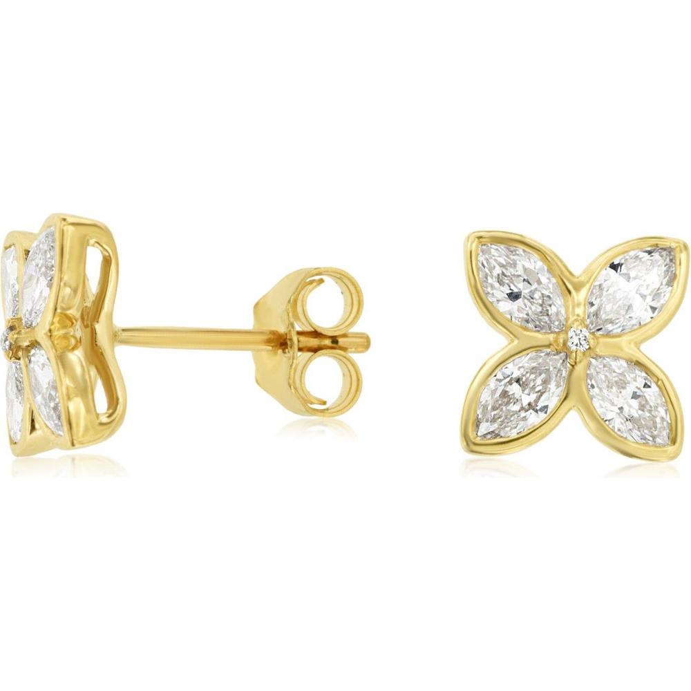 Royal 14K Yellow Gold Stud Earrings with Marquise and Round Diamonds - 0.84 Carat Total Diamond Weight