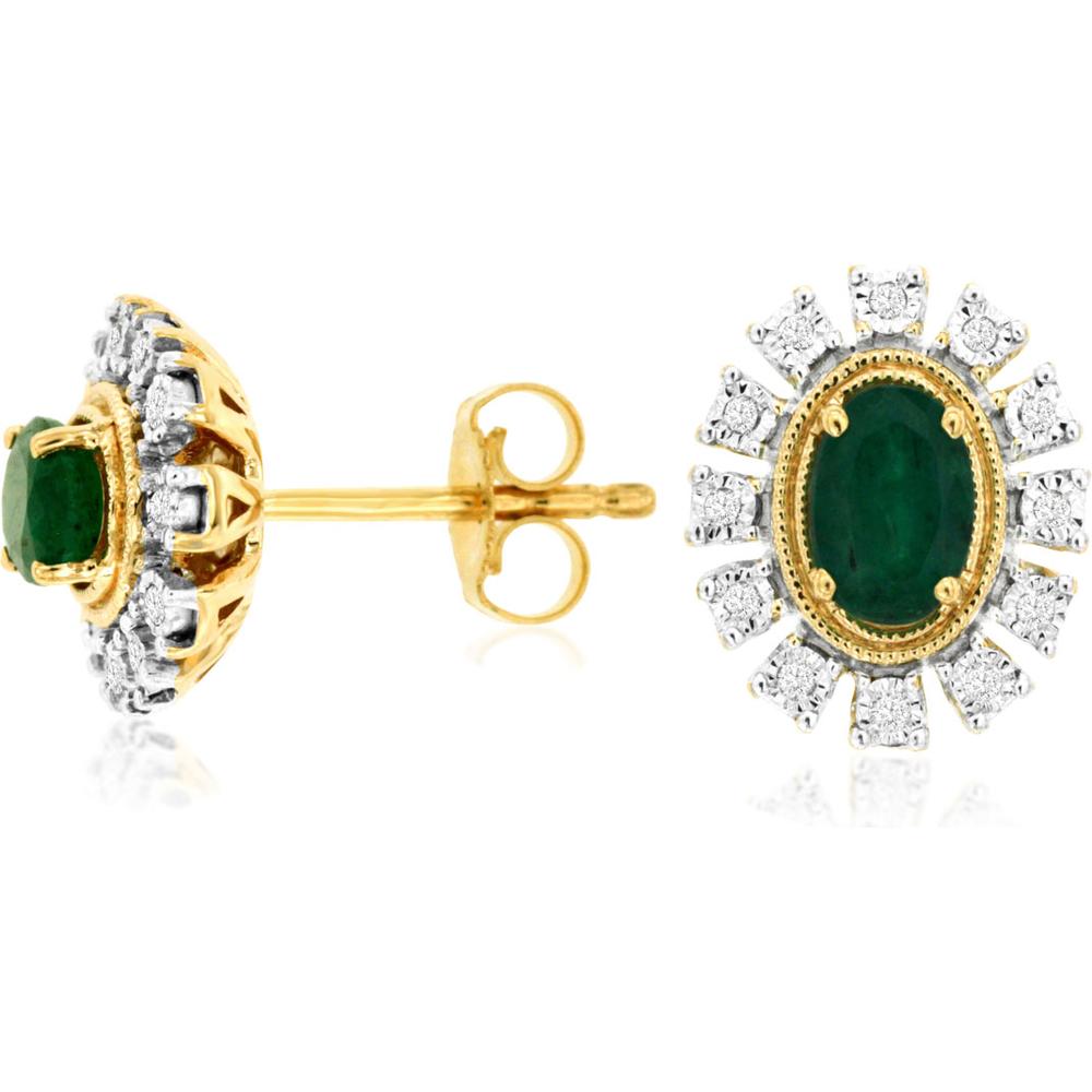 Royal 14K Yellow Gold Stud Earrings with Oval Emeralds and Diamond Halo - 0.88 Carat Emerald, 0.10 Carat Diamond