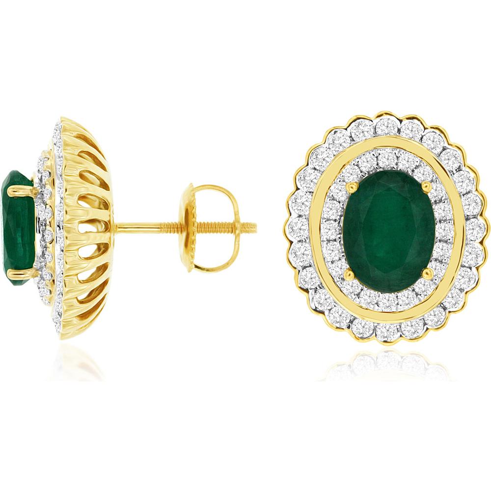Royal 14K Yellow Gold Stud Earrings with Oval Emeralds and Diamond Halo - 2.20 Carat Total Emerald Weight and 0.90 Carat Total Diamond Weight