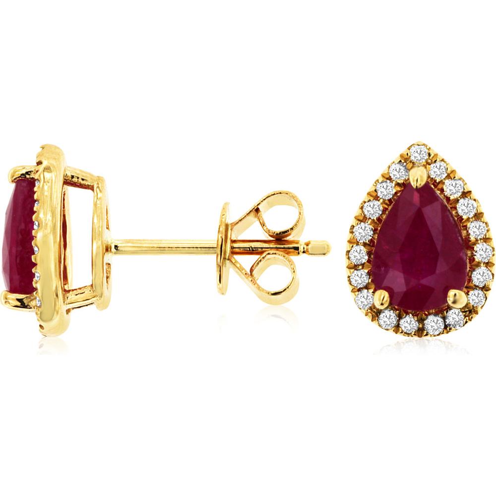 Royal 14K Yellow Gold Stud Earrings with Pear-Shaped Rubies and Diamond Halo - 1.5 Carat Total Ruby and 0.20 Carat Total Diamond Weight