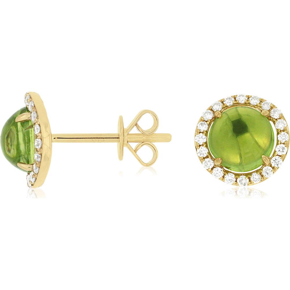 Royal 14K Yellow Gold Stud Earrings with Round Cabochon Peridot and Diamond Halo - 2.20 Carats Total Gem Weight