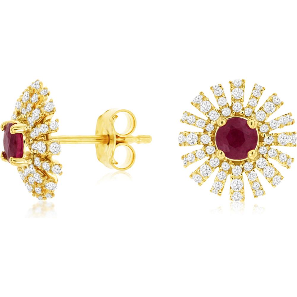 Royal 14K Yellow Gold Stud Earrings with Round Ruby and Diamond Halo - 0.64 Carat Ruby, 0.45 Carat Diamond