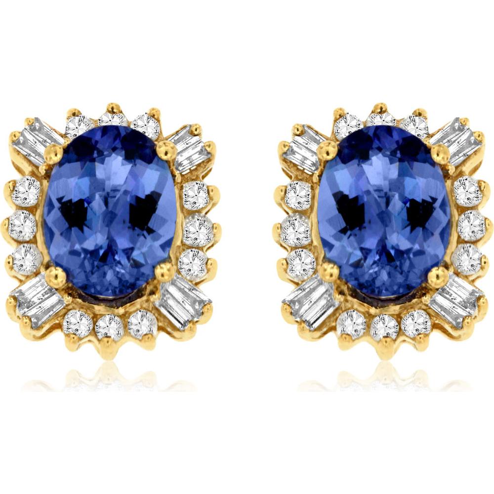 Royal 14K Yellow Gold Tanzanite & Diamond Earrings - 2.40 Carat Tanzanite, Baguette & Round Diamonds