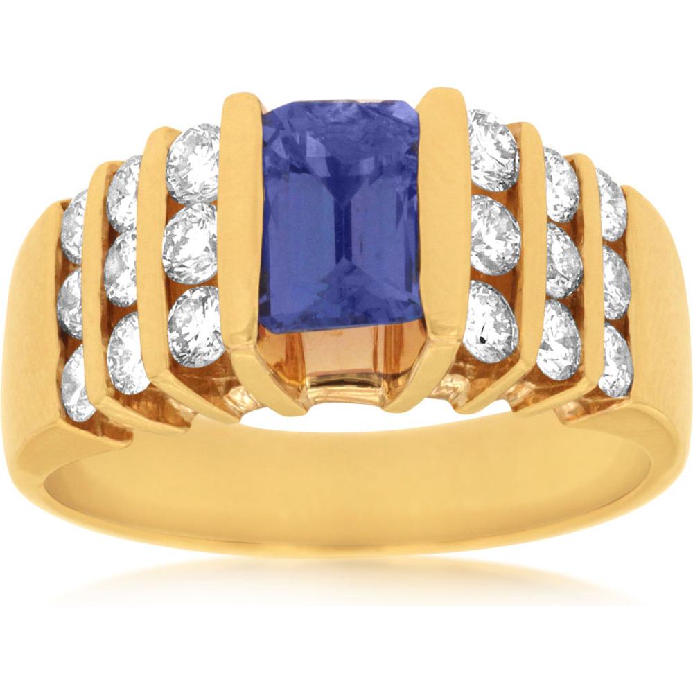 Royal 14K Yellow Gold Tanzanite & Diamond Free Form Ring - 0.98 Carat Tanzanite, Round Diamonds