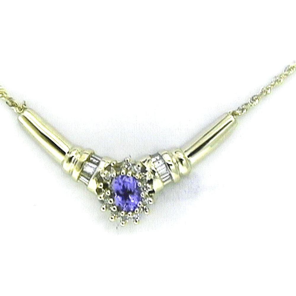 Royal 14K Yellow Gold Tanzanite and Diamond Halo Necklace - 0.40 Carat Tanzanite, 0.25 Carat Diamonds