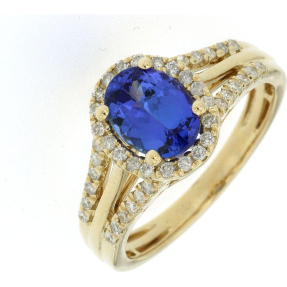 Royal 14K Yellow Gold Tanzanite & Diamond Halo Ring - 1.55 Carats Total Gem Weight