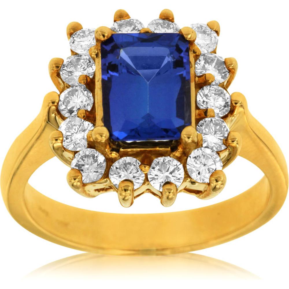 Royal 14K Yellow Gold Tanzanite & Diamond Halo Ring with Emerald Cut Tanzanite - 2.50 Carats Total Gem Weight