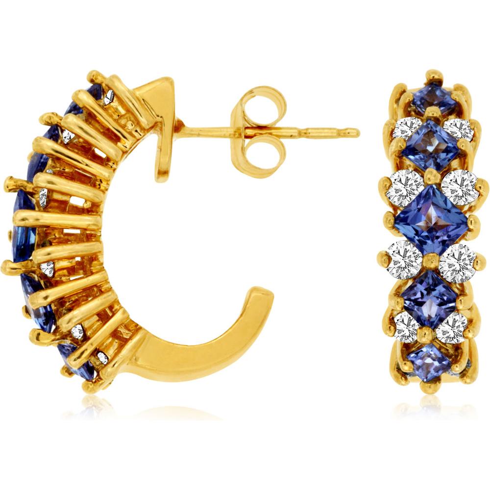 Royal 14K Yellow Gold Tanzanite and Diamond Hoop Earrings - 1.25 Carat Tanzanite, 0.92 Carat Diamond Total Weight