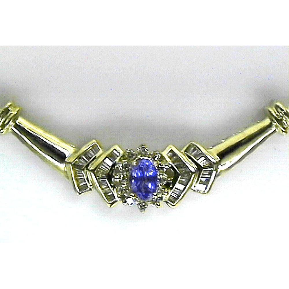 Royal 14K Yellow Gold Tanzanite & Diamond Necklace - 0.40 Carat Oval Tanzanite - Baguette and Round Diamond Halo
