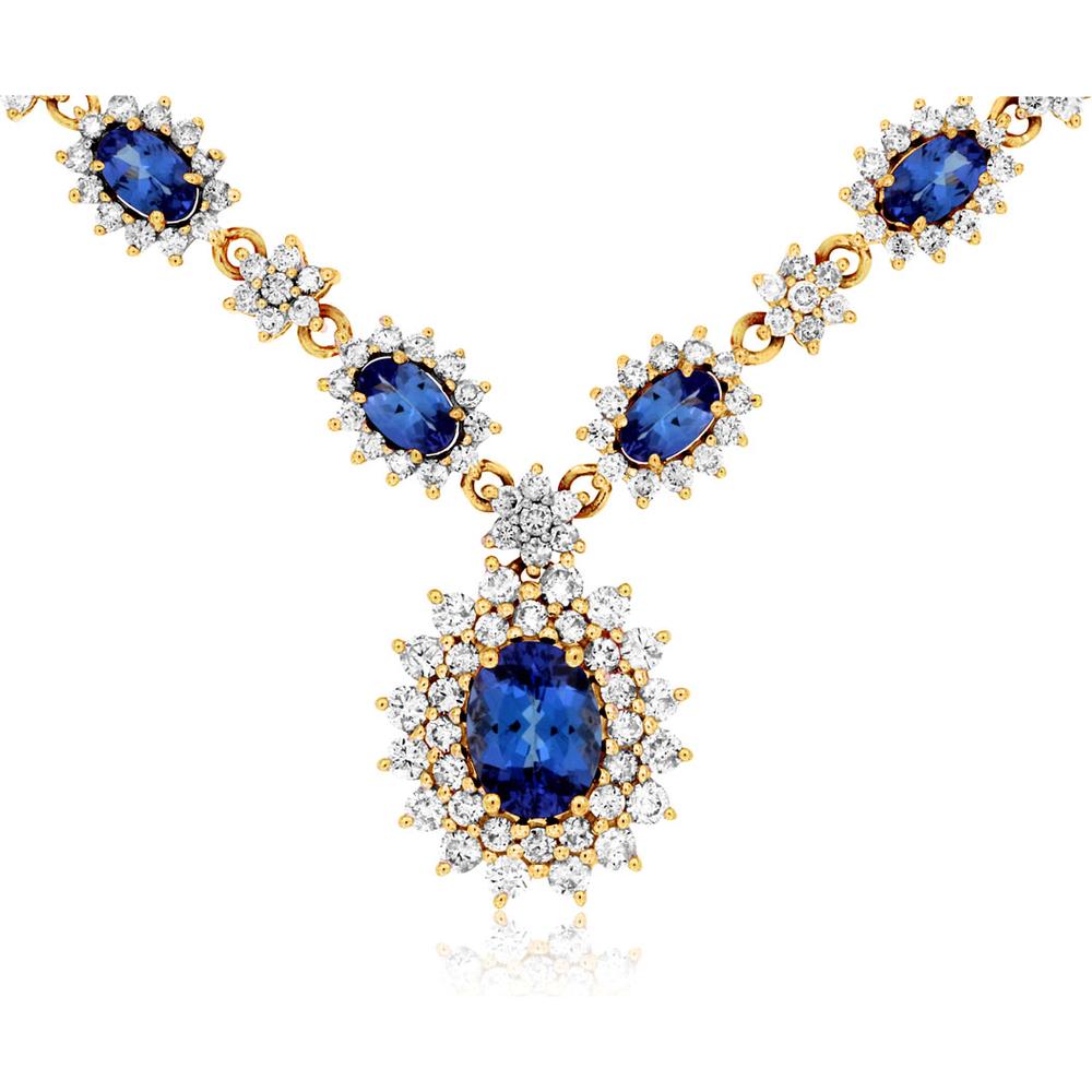 Royal 14K Yellow Gold Tanzanite & Diamond Necklace with Oval Tanzanite - 3.00 Carats Tanzanite & 2.25 Carats Total Diamond Weight