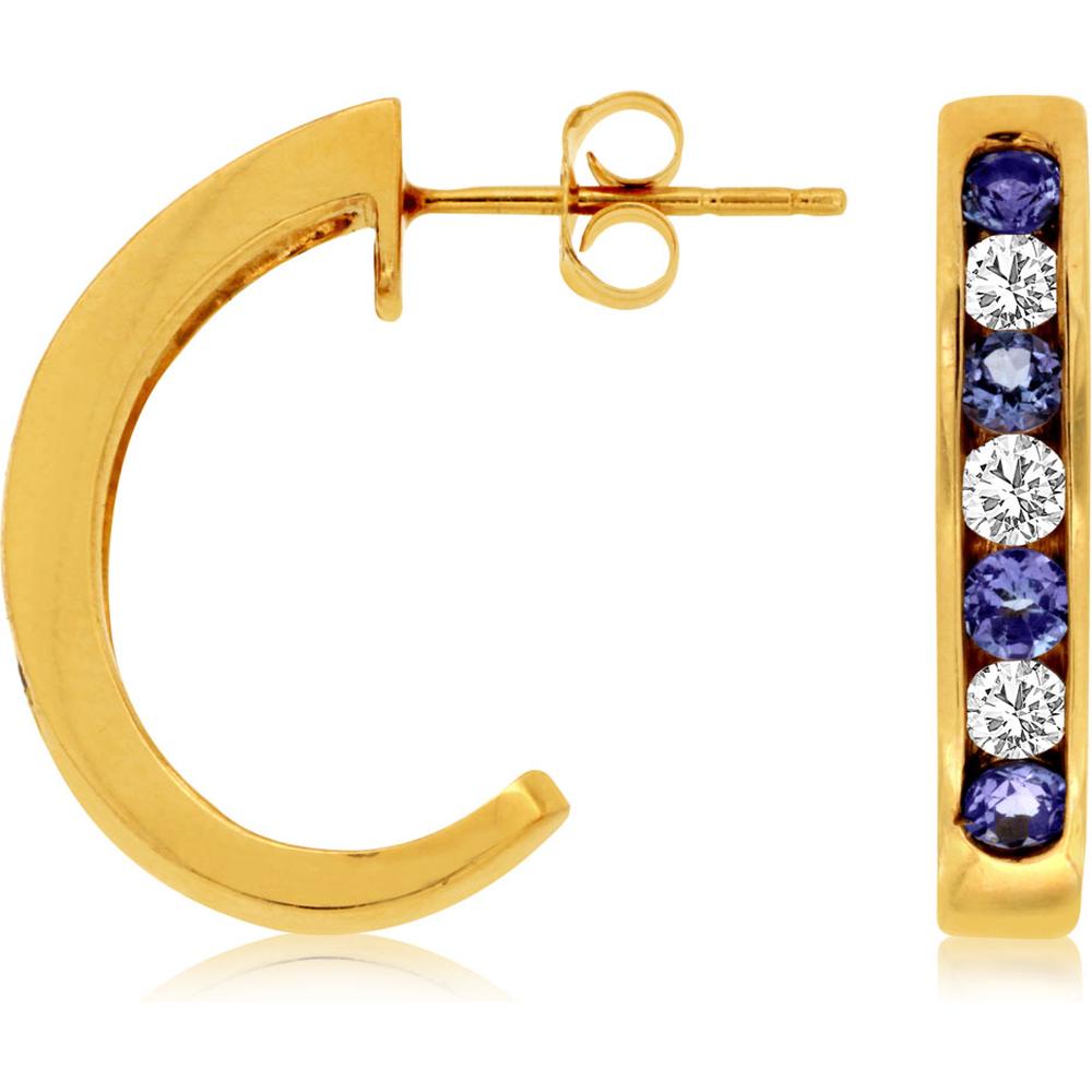 Royal 14K Yellow Gold Tanzanite & Diamond Oval Hoop Earrings - 1.10 Carat Total Gem Weight