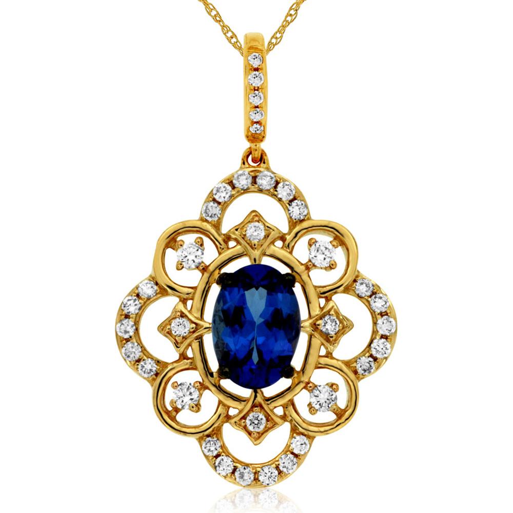 Royal 14K Yellow Gold Tanzanite and Diamond Pendant with Oval Tanzanite - 0.84 Carat and Diamond Halo - 0.24 Carat Total Weight