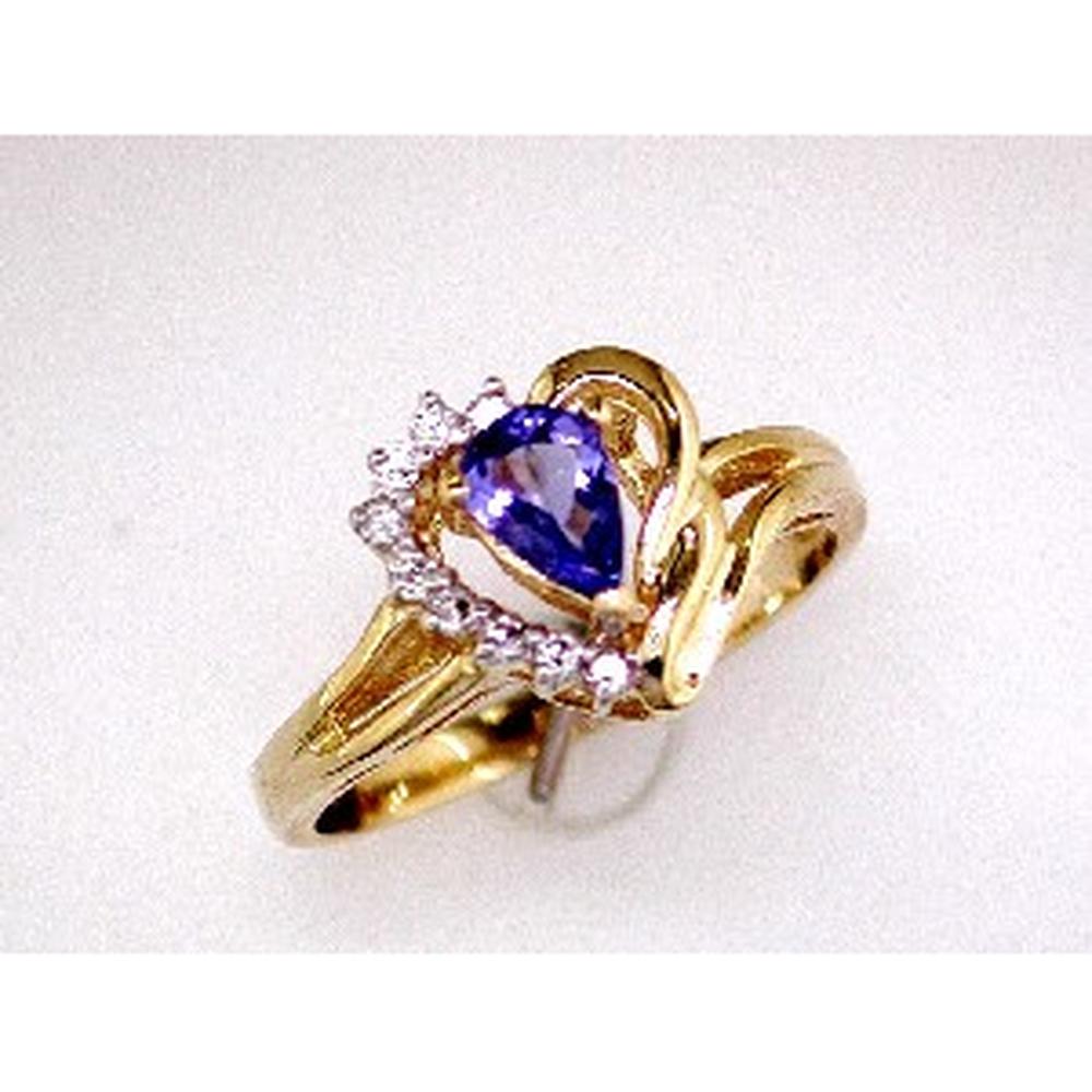 Royal 14K Yellow Gold Tanzanite & Diamond Ring - 0.10 Carat Pear Shape Tanzanite, Round Diamonds