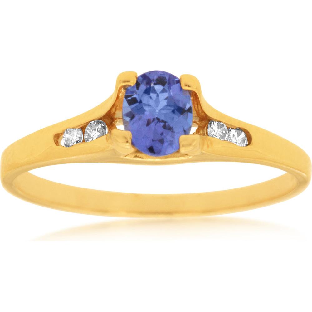 Royal 14K Yellow Gold Tanzanite & Diamond Ring - 0.38 Carat Oval Cut Tanzanite, Round Diamond Accents