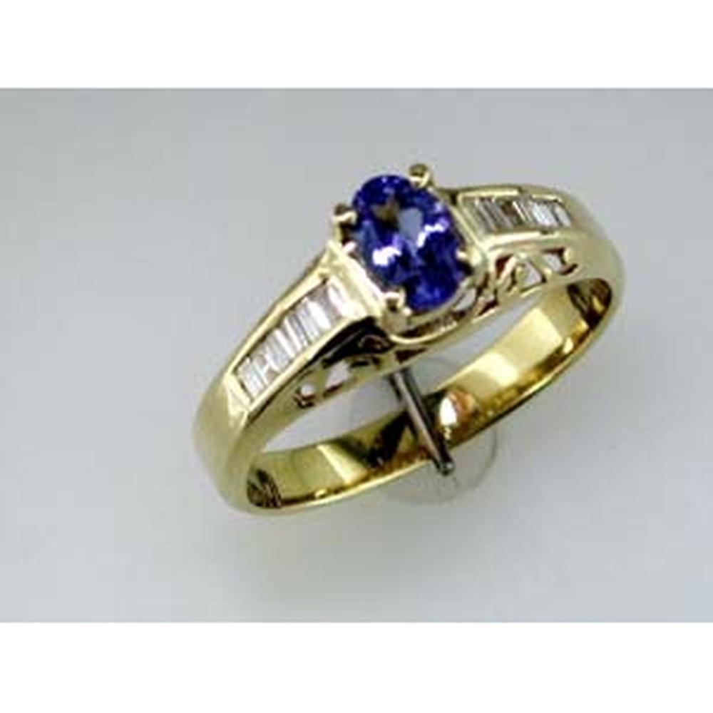 Royal 14K Yellow Gold Tanzanite & Diamond Ring - 0.40 Carat Oval Tanzanite - 0.18 Carat Baguette Diamonds