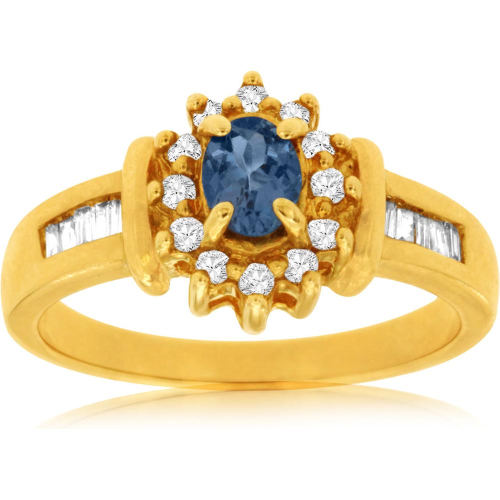 Royal 14K Yellow Gold Tanzanite & Diamond Ring - 0.40 Carat Oval Tanzanite - Halo Design with Baguette and Round Diamonds