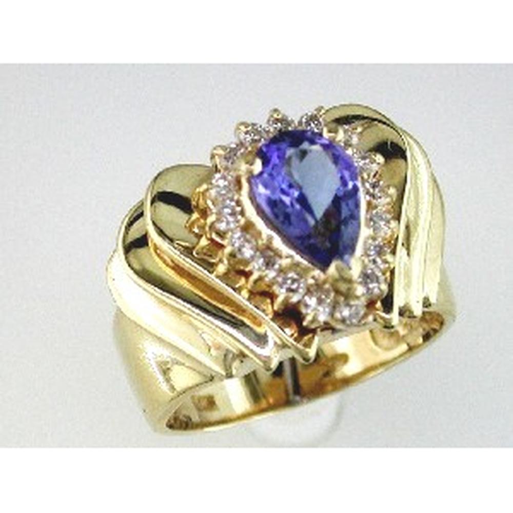 Royal 14K Yellow Gold Tanzanite & Diamond Ring - 1.35 Carat Pear Shape Tanzanite - 0.35 Carat Total Diamond Weight