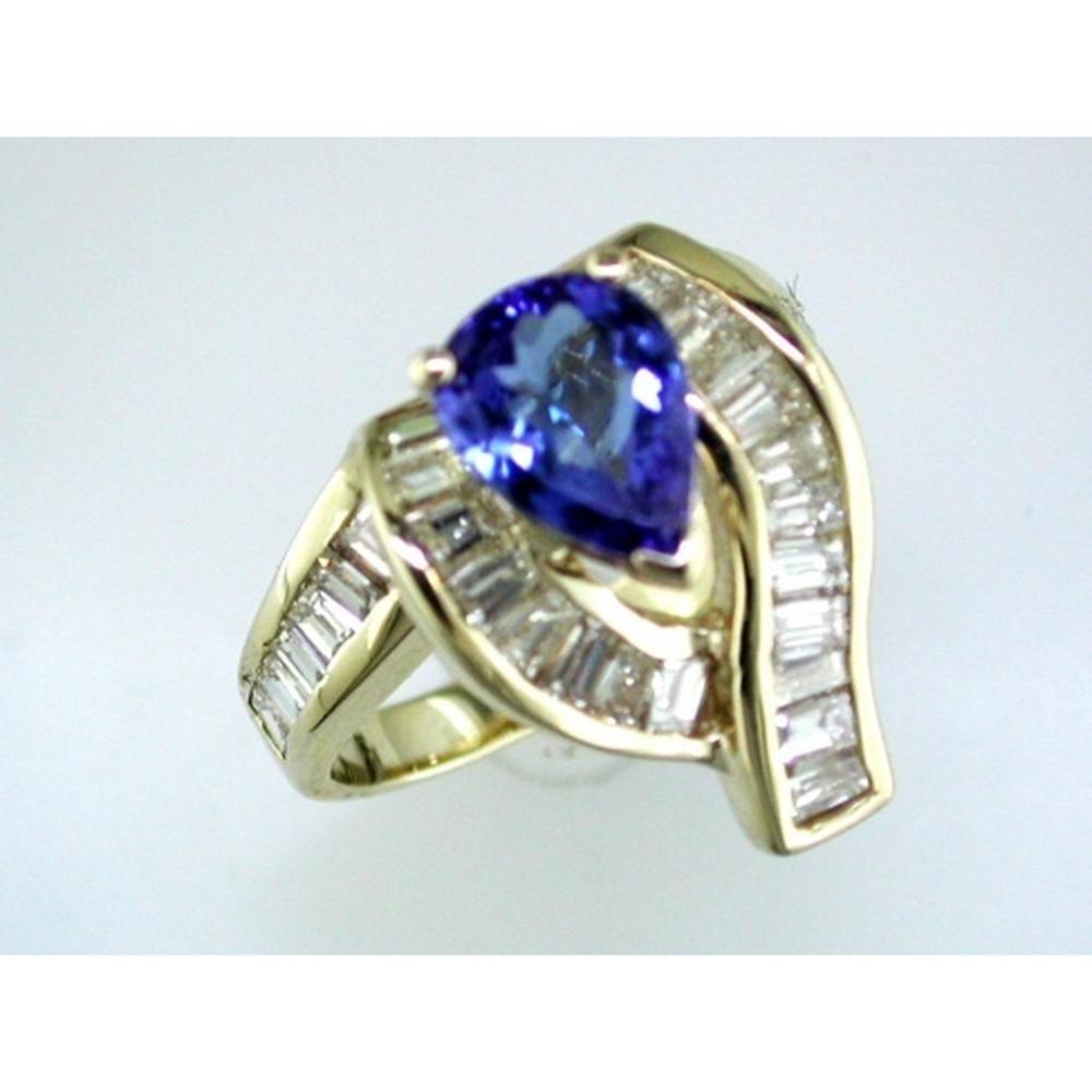 Royal 14K Yellow Gold Tanzanite & Diamond Ring - 1.87 Carat Pear Shaped Tanzanite - Baguette Diamond Accent