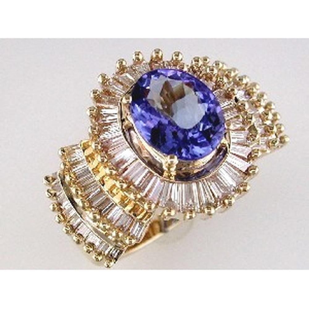 Royal 14K Yellow Gold Tanzanite & Diamond Ring - 2.00 Carat Oval Tanzanite, Baguette Diamonds