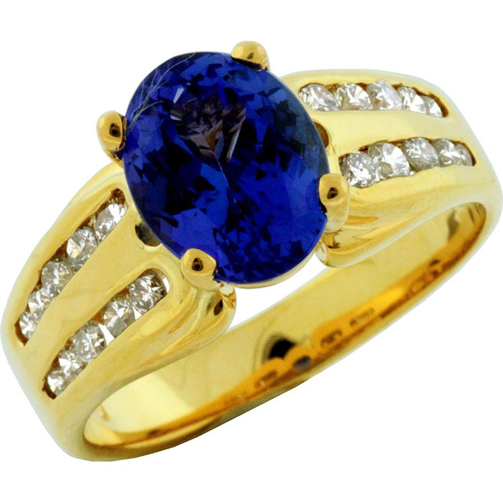 Royal 14K Yellow Gold Tanzanite & Diamond Ring - 2.25 Carat Oval Tanzanite - Halo Setting