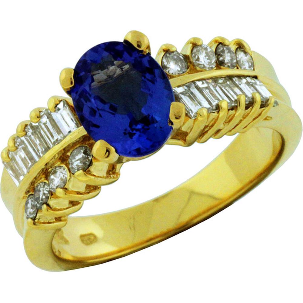 Royal 14K Yellow Gold Tanzanite & Diamond Ring - Exquisite Oval Cut Design with Baguette and Round Diamonds