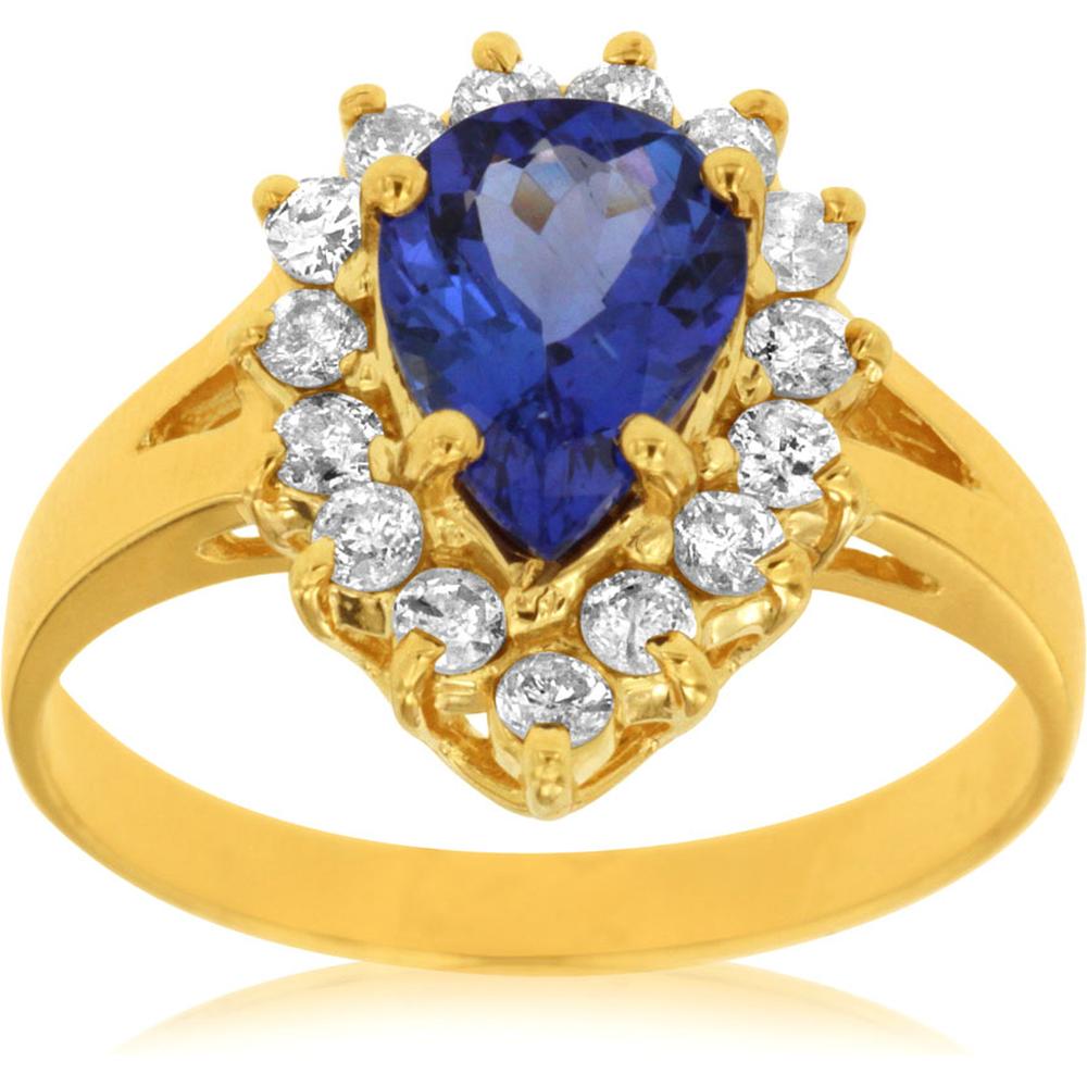 Royal 14K Yellow Gold Tanzanite & Diamond Ring - Pear Shape 1.10 Carat Tanzanite, Round Diamonds