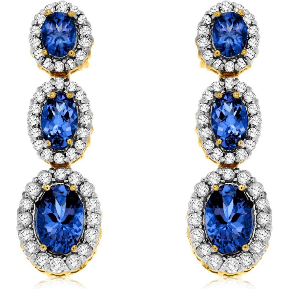 Royal 14K Yellow Gold Tanzanite & Diamond Three-Stone Earrings - 1.75 Carat Total Gem Weight