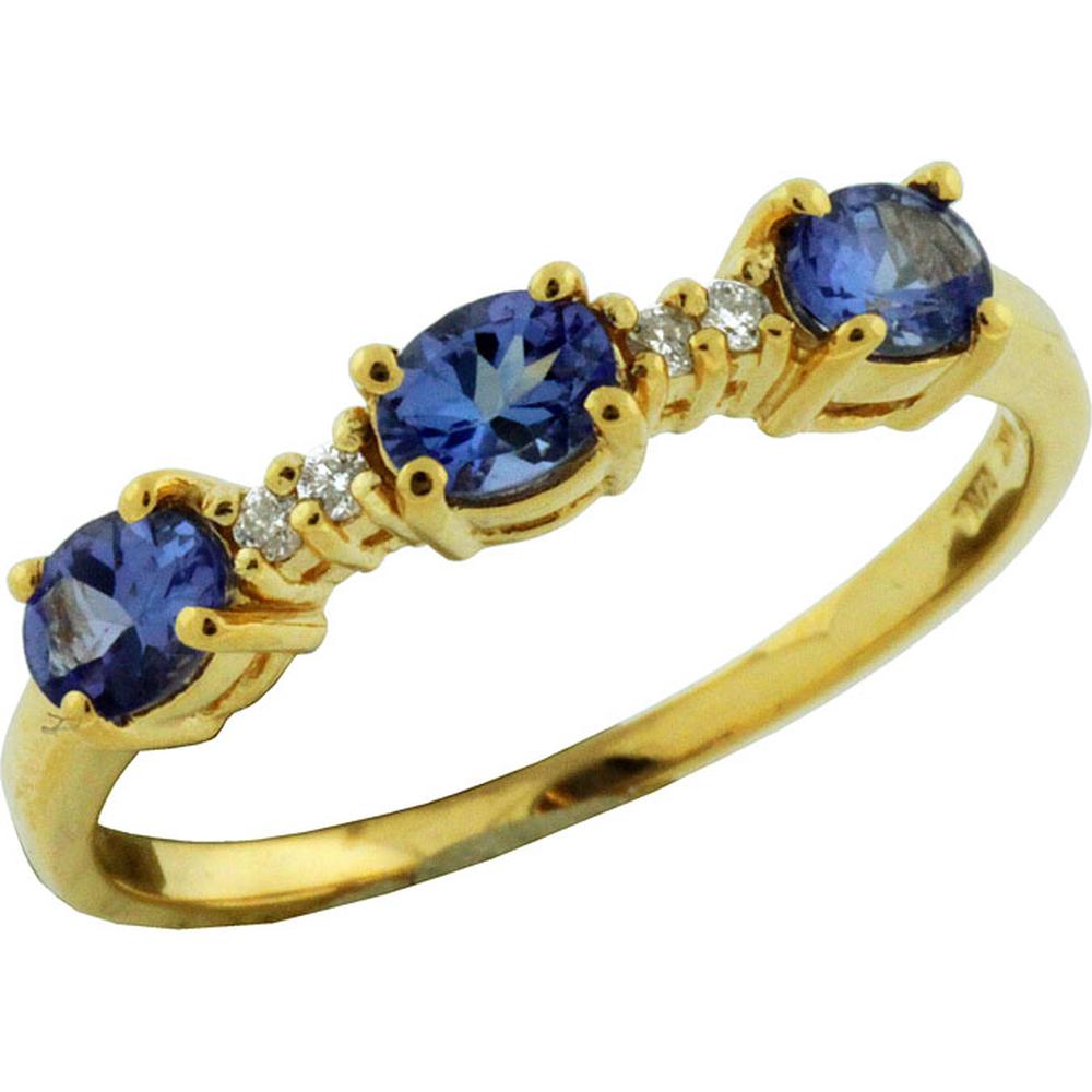 Royal 14K Yellow Gold Tanzanite & Diamond Three Stone Ring - 0.55 Carat Tanzanite, 0.06 Carat Diamonds