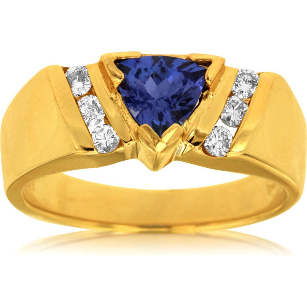 Royal 14K Yellow Gold Tanzanite & Diamond Trillion Ring - 0.75 Carat Tanzanite, 0.24 Carat Round Diamonds