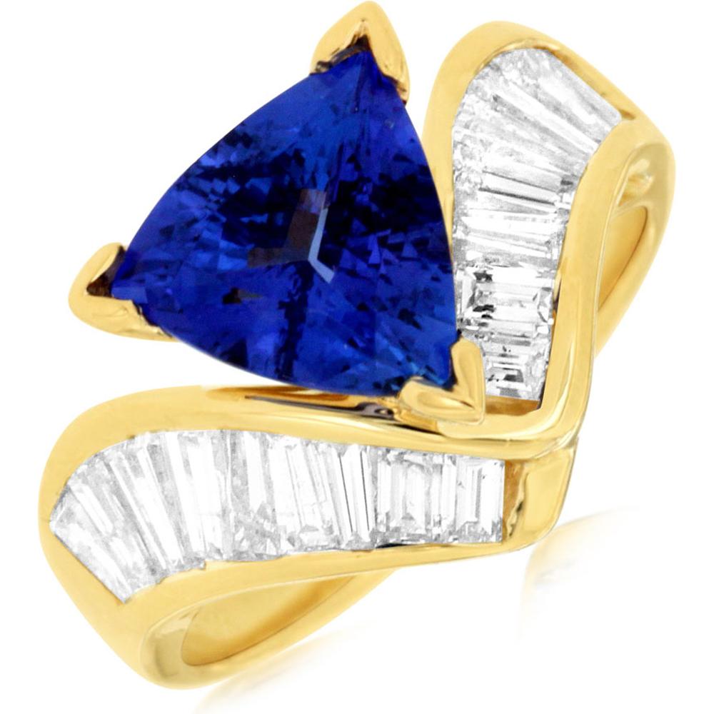 Royal 14K Yellow Gold Tanzanite & Diamond Trillion Ring - 2.50 Carat Tanzanite, 1.35 Carat Diamond Total Weight
