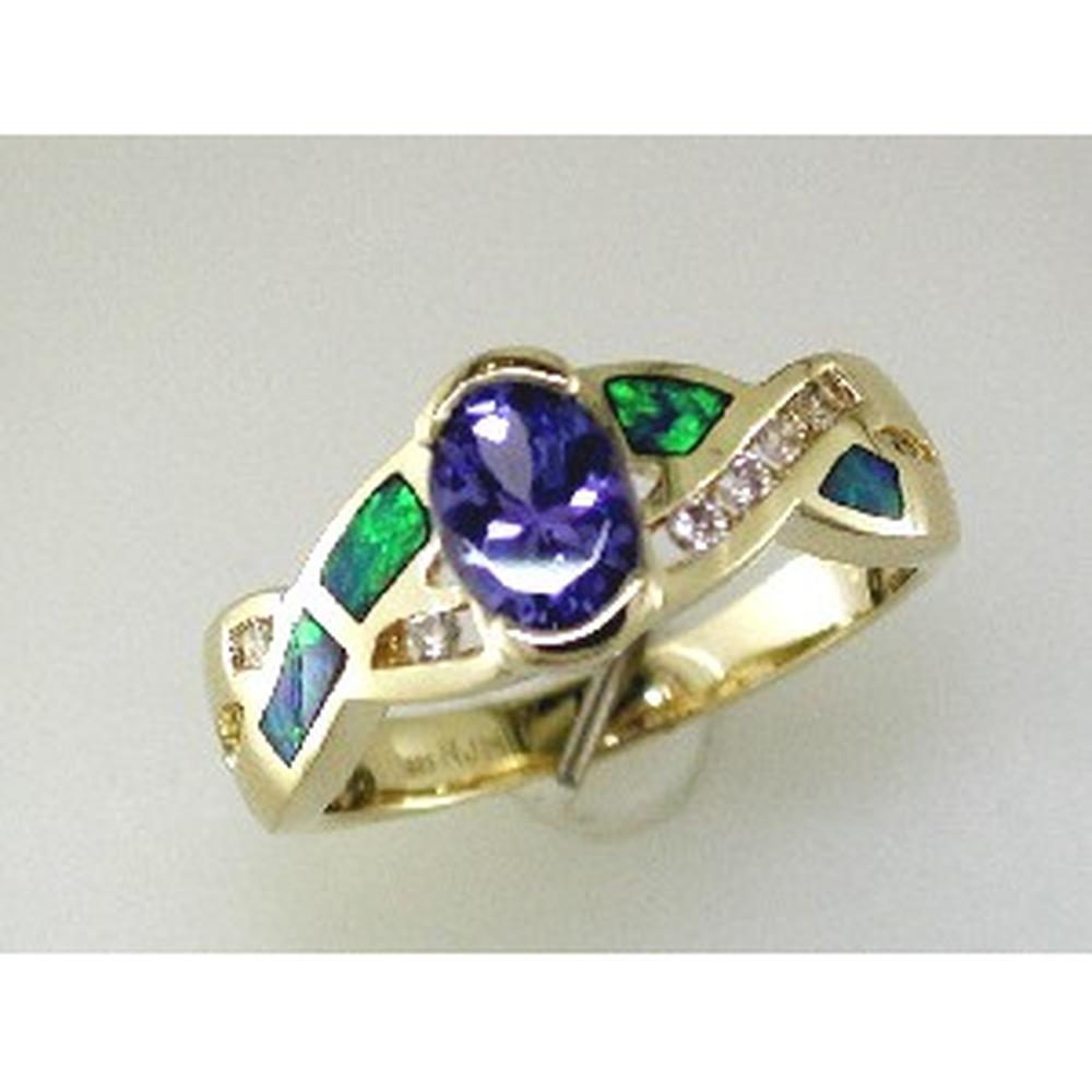 Royal 14K Yellow Gold Tanzanite & Opal Diamond Halo Ring - Enchanting Elegance