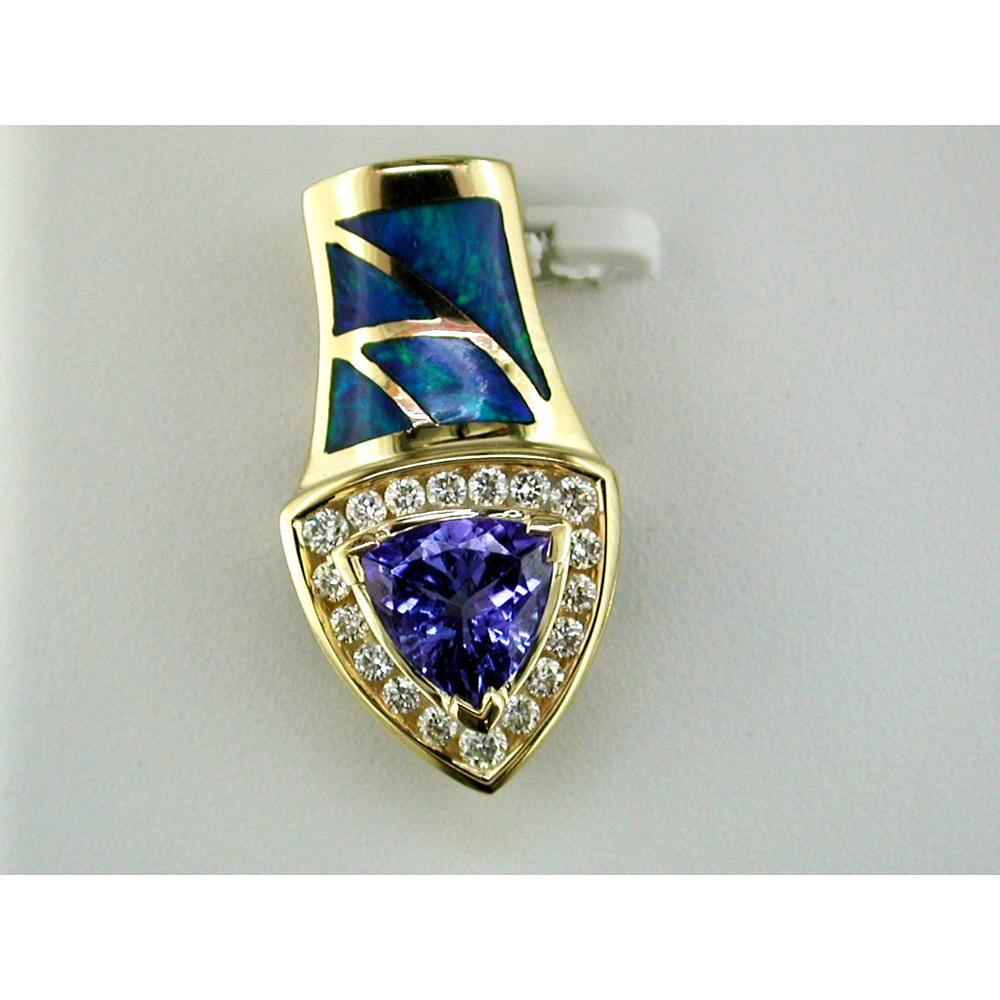 Royal 14K Yellow Gold Tanzanite & Opal Diamond Pendant - Exquisite Trillion-Cut Centerpiece