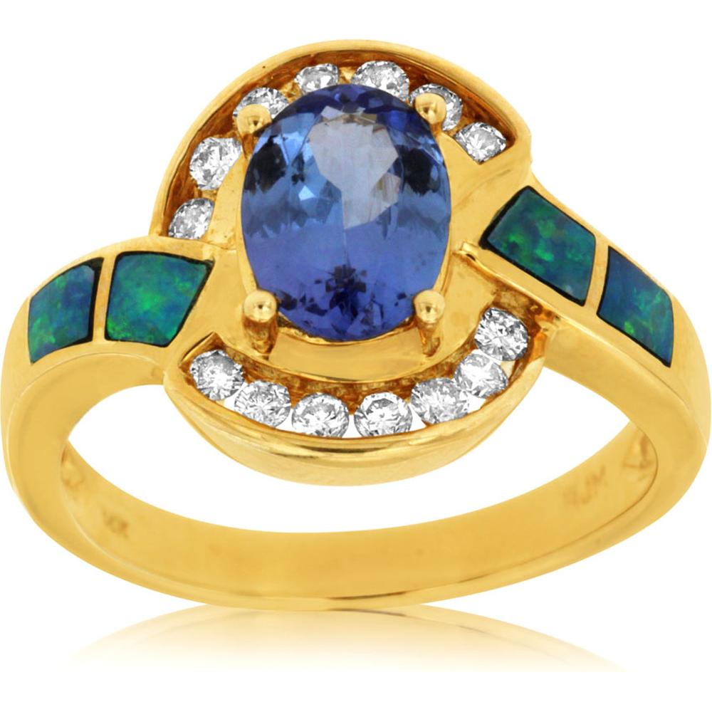 Royal 14K Yellow Gold Tanzanite & Opal Diamond Ring - Celestial Elegance