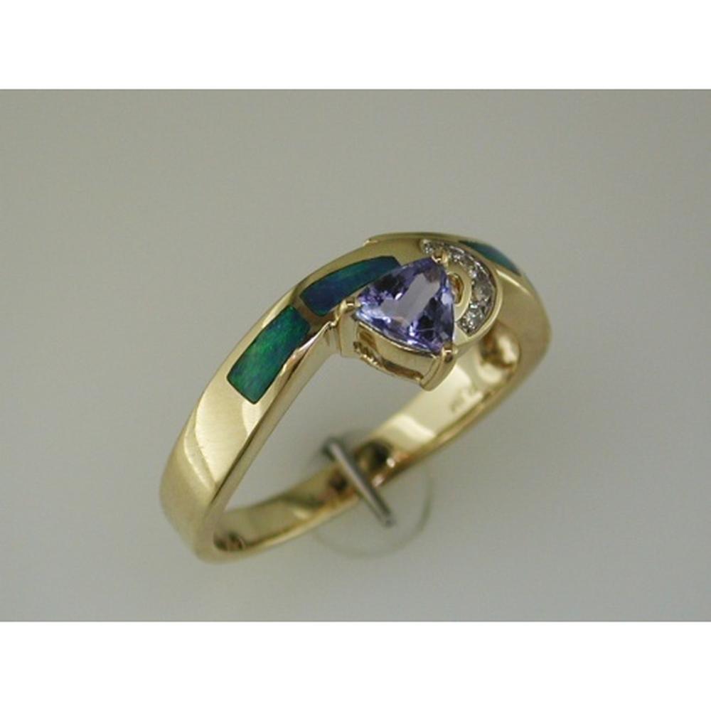 Royal 14K Yellow Gold Tanzanite & Opal Diamond Ring - Exquisite Trillion Cut Design