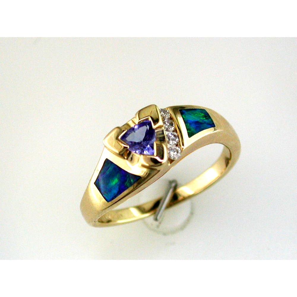 Royal 14K Yellow Gold Tanzanite & Opal Diamond Ring - Exquisite Trillion Design