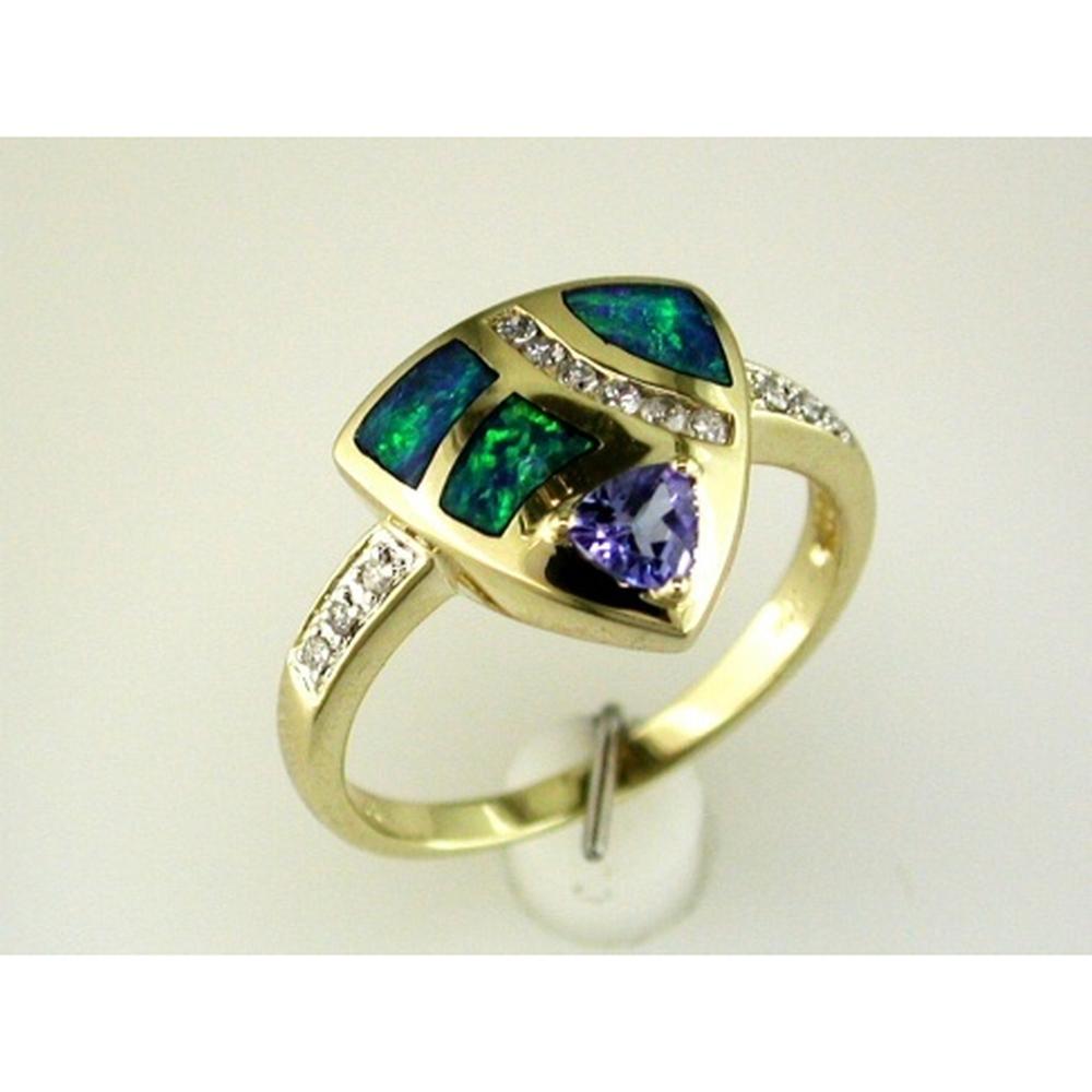 Royal 14K Yellow Gold Tanzanite & Opal Diamond Ring with Round and Trillion Cut Stones - 0.34 Carats Total Gem Weight