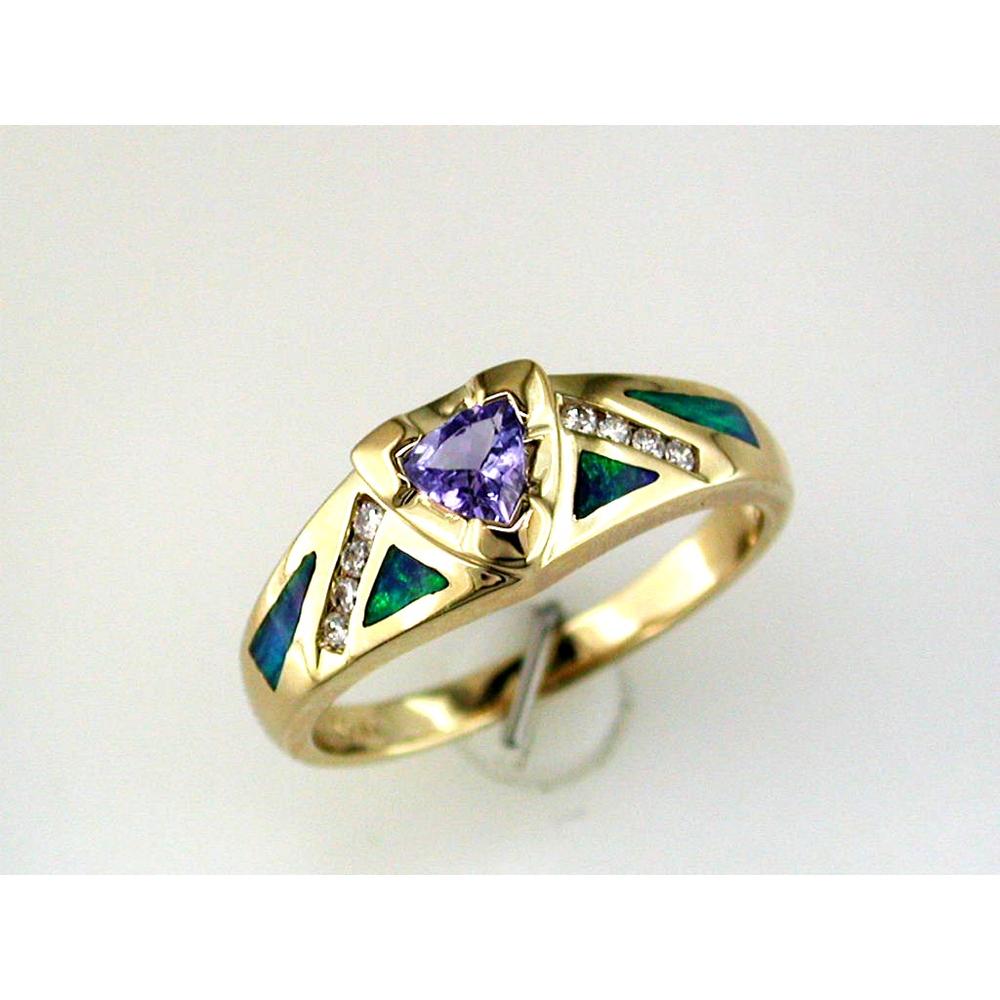 Royal 14K Yellow Gold Tanzanite & Opal Diamond Ring with Trillion-Cut Tanzanite and Round Diamonds - 0.33 Carat Total Gem Weight