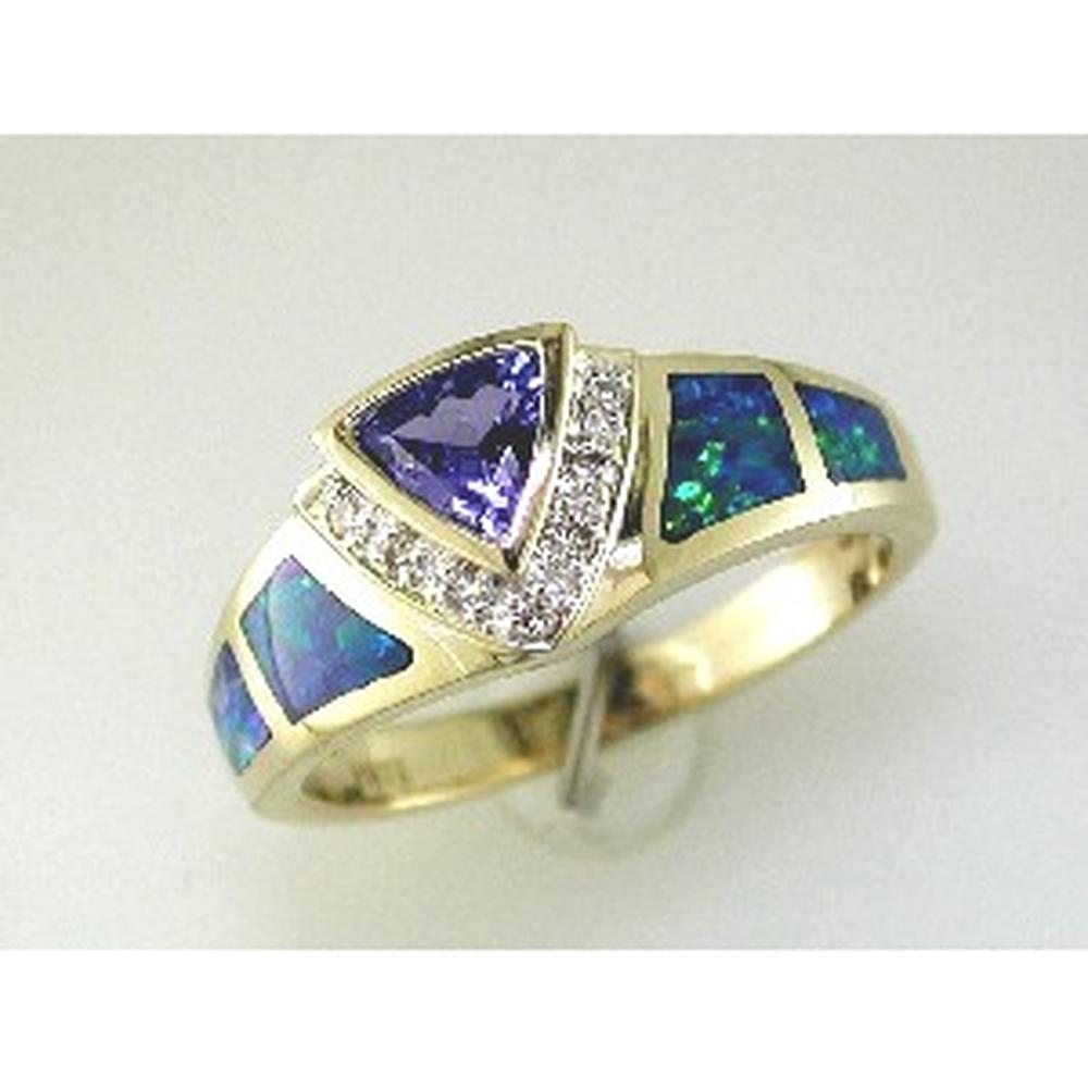 Royal 14K Yellow Gold Tanzanite & Opal Diamond Ring with Trillion-Cut Tanzanite & Round Diamonds - 0.44 Carats Tanzanite, 0.06 Carats Total Diamond Weight