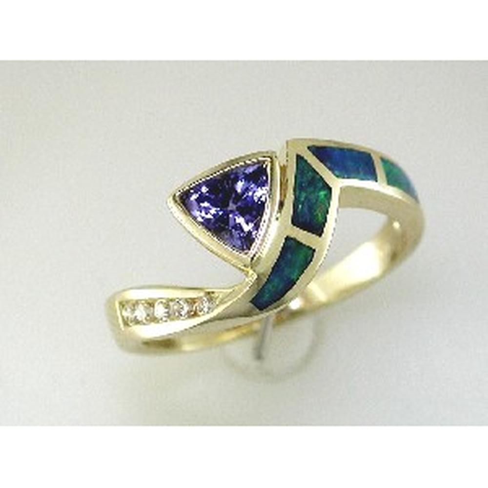 Royal 14K Yellow Gold Tanzanite & Opal Diamond Ring with Trillion-Cut Tanzanite and Round Diamonds - 0.60 Carats Total Gem Weight