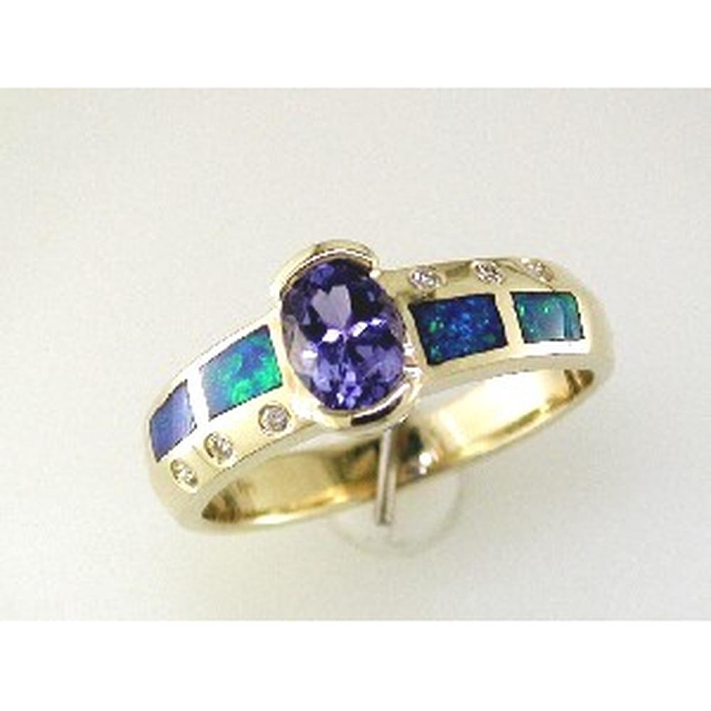 Royal 14K Yellow Gold Tanzanite & Opal Ring with Round Diamonds - 0.81 Carats Tanzanite, 0.05 Carats Diamonds