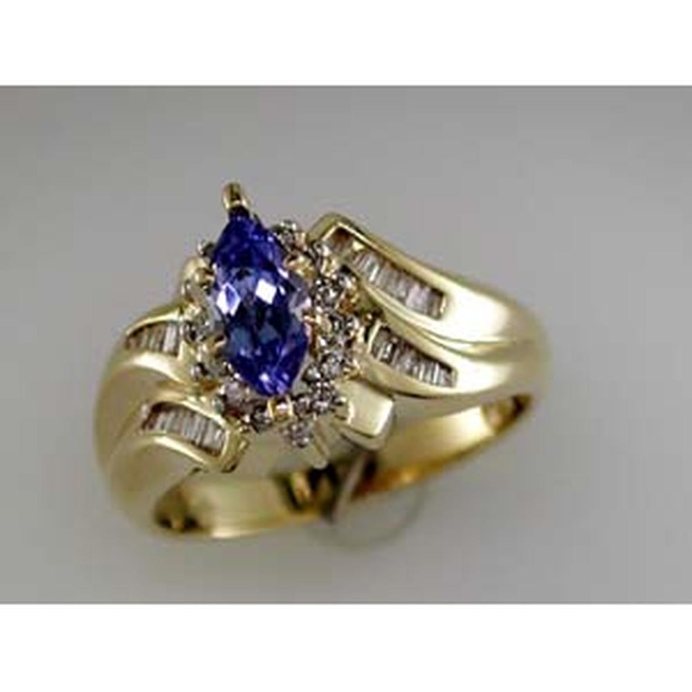 Royal 14K Yellow Gold Tanzanite Marquise Ring - 0.50 Carat Tanzanite & 0.35 Carat Baguette Diamonds