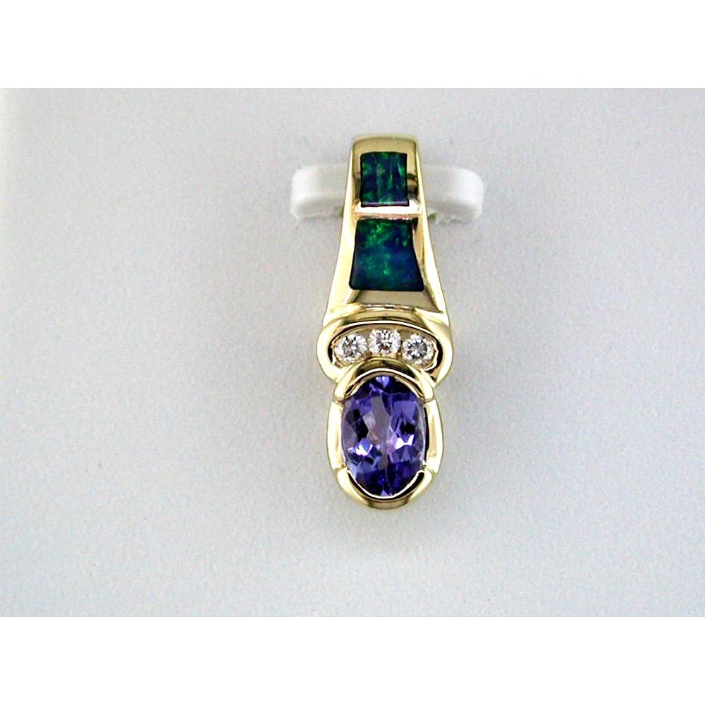 Royal 14K Yellow Gold Tanzanite, Opal, and Diamond Halo Pendant