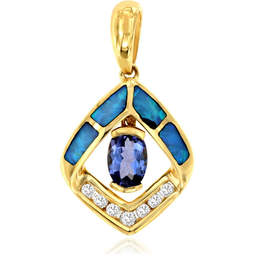 Royal 14K Yellow Gold Tanzanite, Opal & Diamond Pendant - Exquisite Elegance