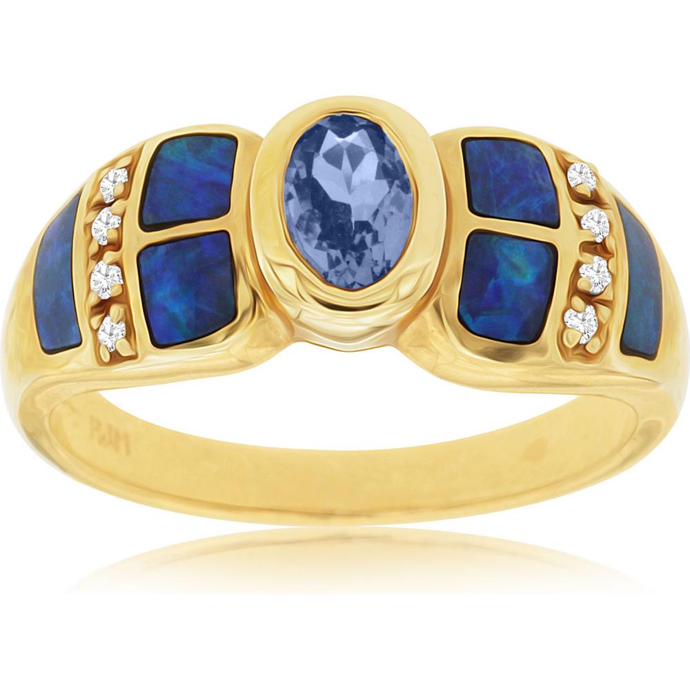 Royal 14K Yellow Gold Tanzanite, Opal & Diamond Ring - Exquisite Oval Gemstone Jewelry