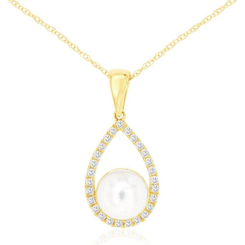 Royal 14K Yellow Gold Teardrop Pendant with Halo-Set Diamonds and Central Pearl - 0.12 Carat Diamond Weight, 1 Pearl