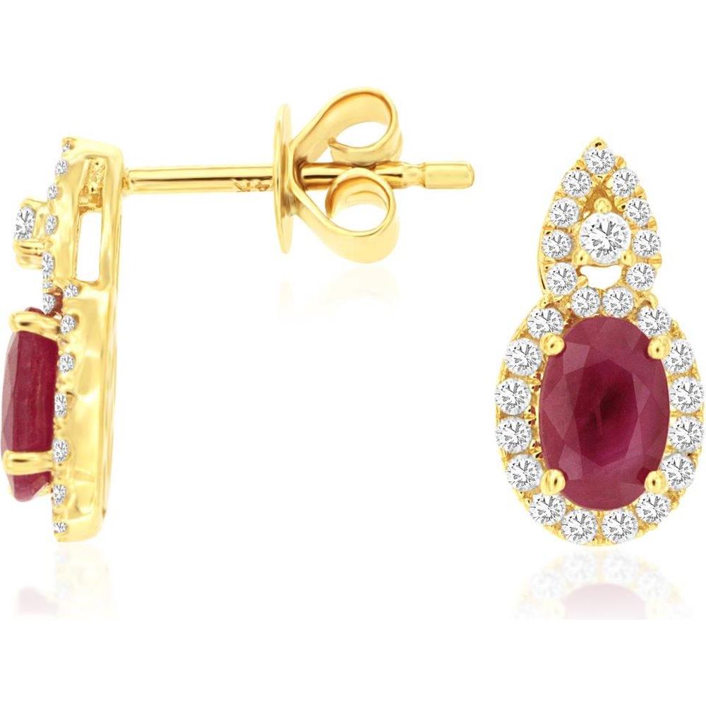 Royal 14K Yellow Gold Teardrop Ruby and Diamond Halo Earrings - 1.15 Carat Ruby, 0.32 Carat Diamond